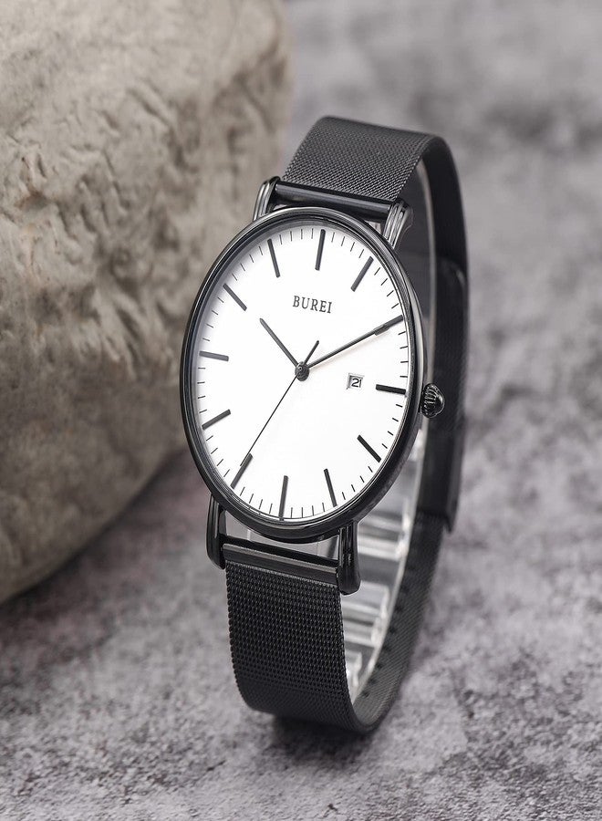 BUREI Men's Watch Ultra Thin Women Quartz Analog Wrist Watch Date Calendar Dial Stainless Steel Mesh Band/Leather Band - Image 5