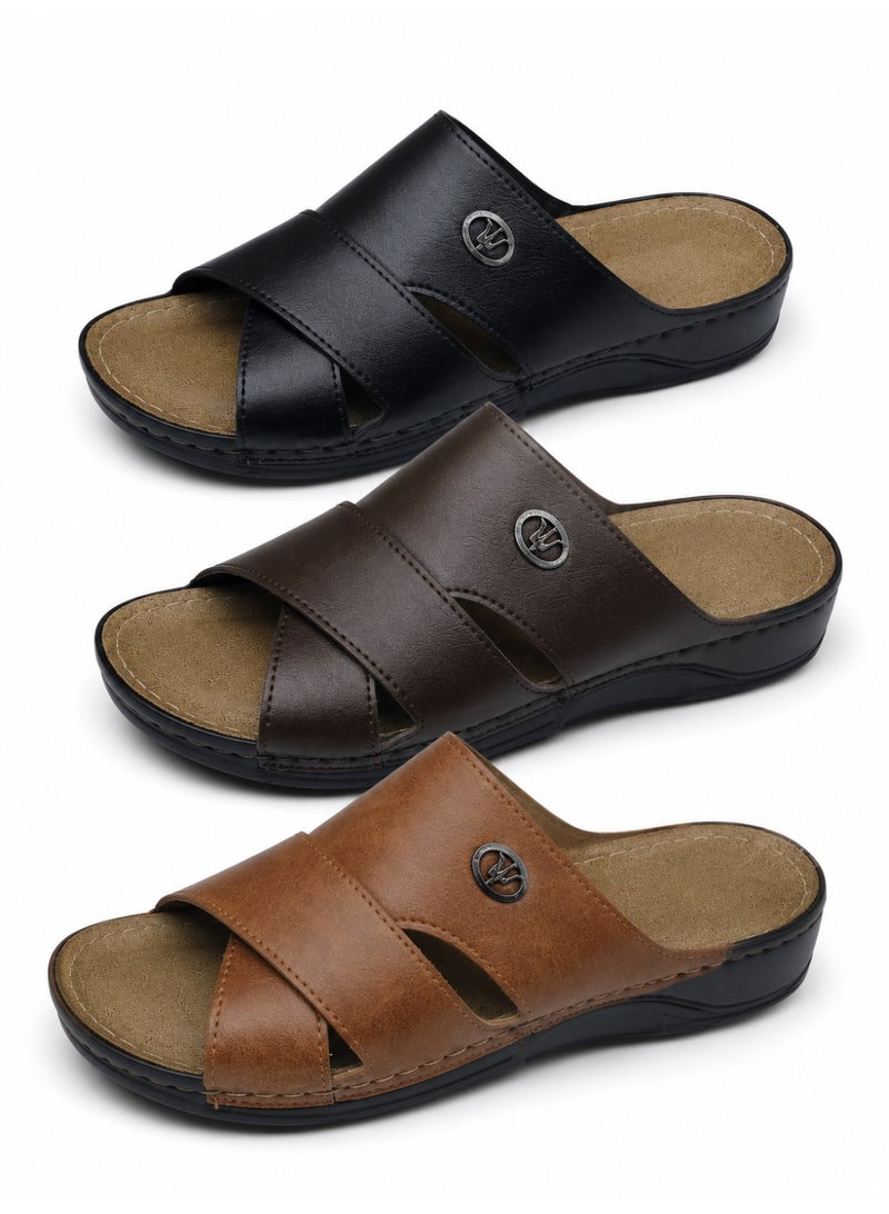 Men's Leather Slide Sandals, Comfortable Open Toe Slippers with Soft Cushioned Footbed, Lightweight Slip-On Casual Walking Sandals for Indoor & Outdoor Daily Wear - Image 1