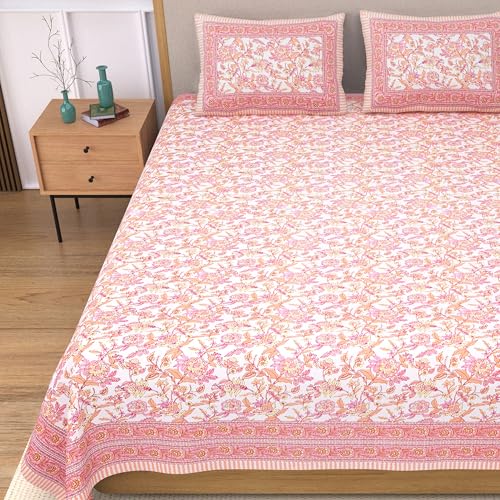 EasyGoods® 100% Pure Cotton Jaipuri Bedsheet with Pillow Covers | Soft & Breathable Fabric | Traditional Floral Print | Cotton Bedsheet (Orange 2, King) - Image 1