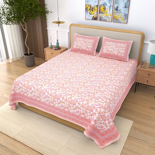EasyGoods® 100% Pure Cotton Jaipuri Bedsheet with Pillow Covers | Soft & Breathable Fabric | Traditional Floral Print | Cotton Bedsheet (Orange 2, King) - Image 3