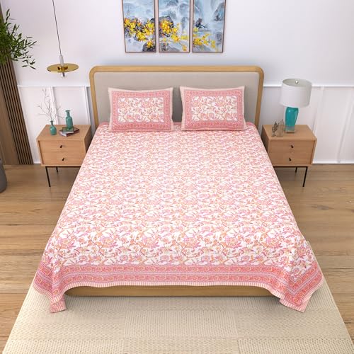 EasyGoods® 100% Pure Cotton Jaipuri Bedsheet with Pillow Covers | Soft & Breathable Fabric | Traditional Floral Print | Cotton Bedsheet (Orange 2, King) - Image 2
