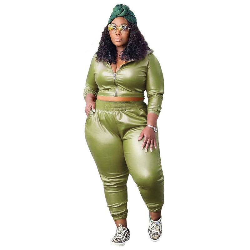 N7959 Plus Size Women'S Clothing Fashion Casual Pure Color Pu Leather Two-Piece Set Export Women'S Clothing - Image 5