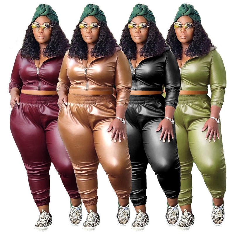 N7959 Plus Size Women'S Clothing Fashion Casual Pure Color Pu Leather Two-Piece Set Export Women'S Clothing - Image 2