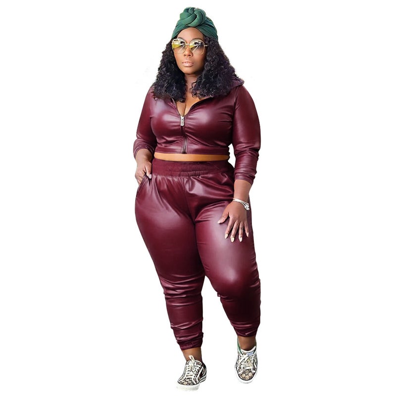 N7959 Plus Size Women'S Clothing Fashion Casual Pure Color Pu Leather Two-Piece Set Export Women'S Clothing - Image 3