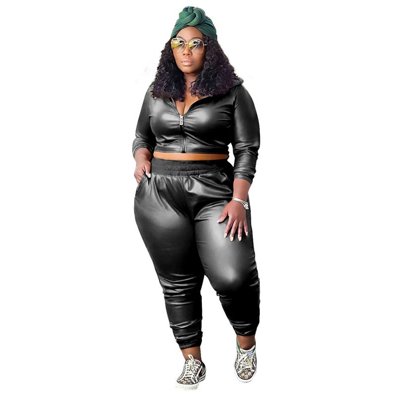 N7959 Plus Size Women'S Clothing Fashion Casual Pure Color Pu Leather Two-Piece Set Export Women'S Clothing - Image 4