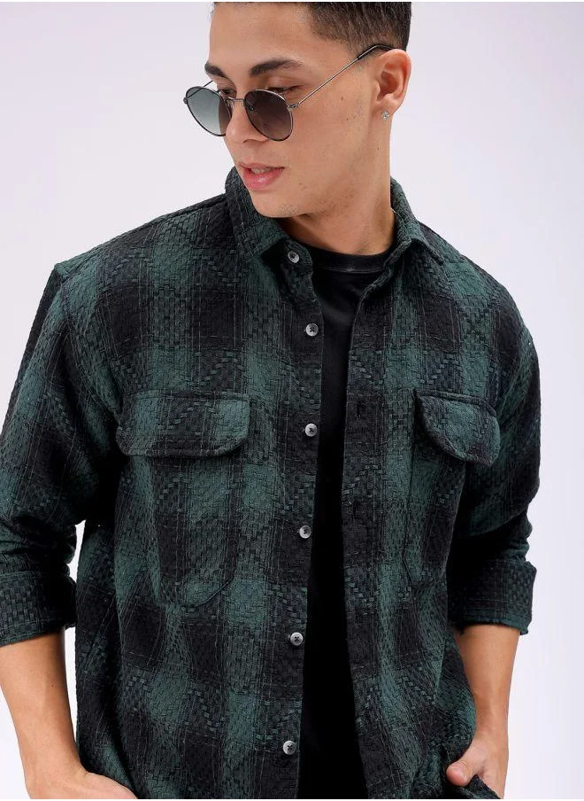 شركة المرآب الهندية Men Relaxed Fit Checkered Full Sleeves Cutaway Collar Double Flap Pocket Resort Wear Shirt