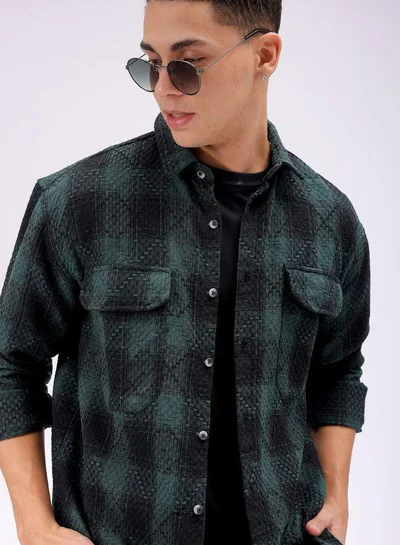 The Indian Garage Co Men Relaxed Fit Checkered Full Sleeves Cutaway Collar Double Flap Pocket Resort Wear Shirt