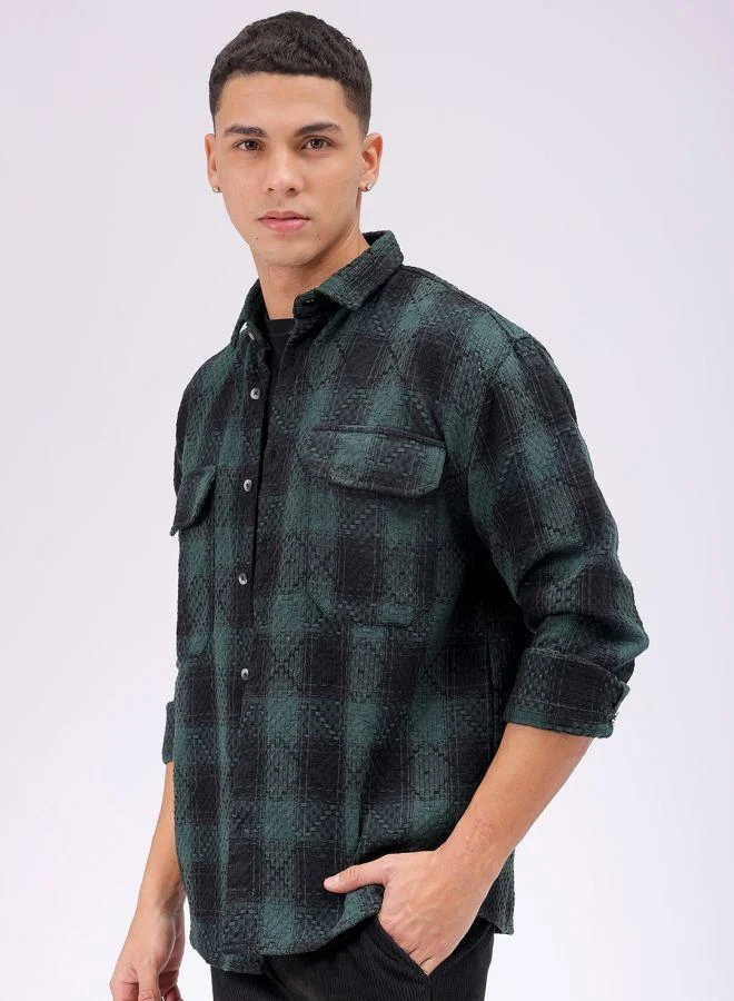 The Indian Garage Co Men Relaxed Fit Checkered Full Sleeves Cutaway Collar Double Flap Pocket Resort Wear Shirt