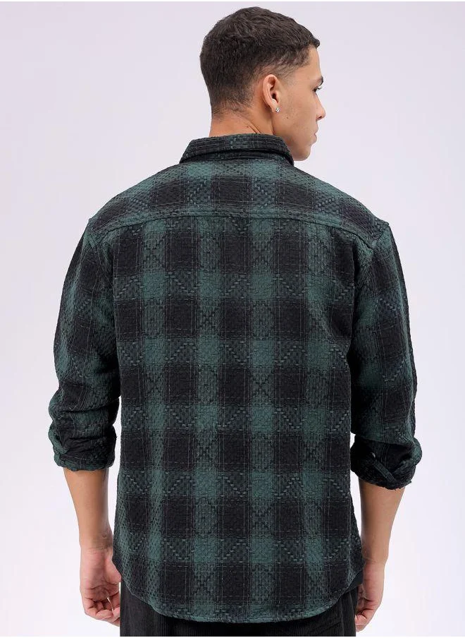 The Indian Garage Co Men Relaxed Fit Checkered Full Sleeves Cutaway Collar Double Flap Pocket Resort Wear Shirt