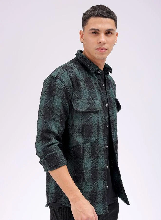 The Indian Garage Co Men Relaxed Fit Checkered Full Sleeves Cutaway Collar Double Flap Pocket Resort Wear Shirt