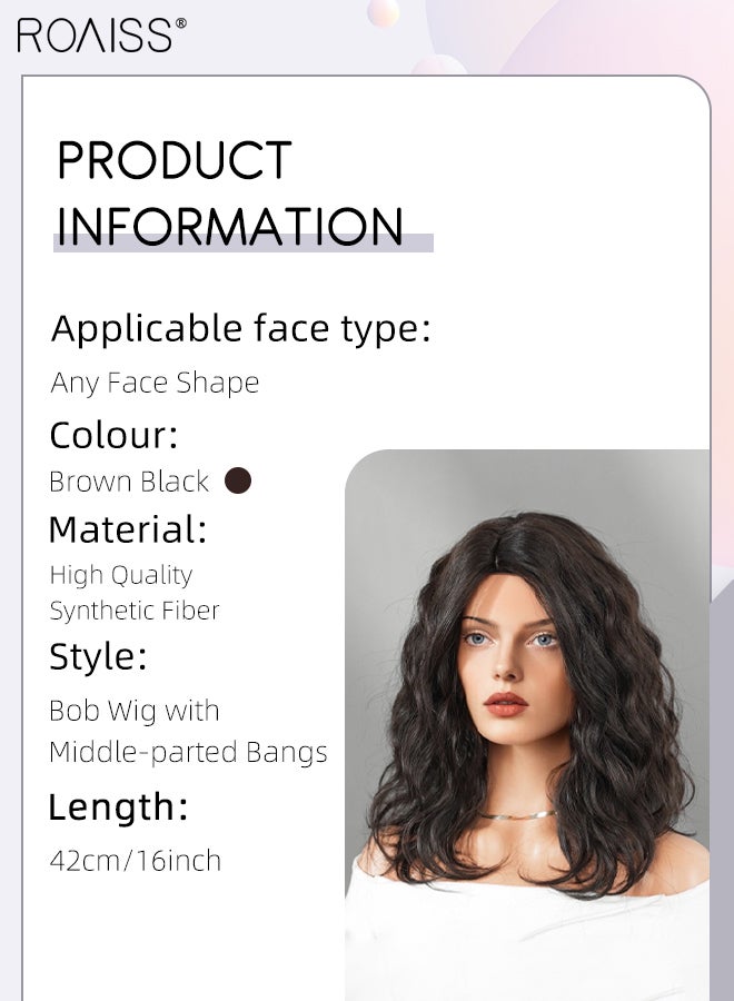 رويس باروكة شعر مستعار مموج بني أسود للنساء بطول 16 بوصة قصيرة عند الكتفين بجزء وسط مجعد ومموج، باروكة شعر مستعار طبيعية المظهر مصنوعة من ألياف صناعية مقاومة للحرارة للاستخدام اليومي في الحفلات - Image 2