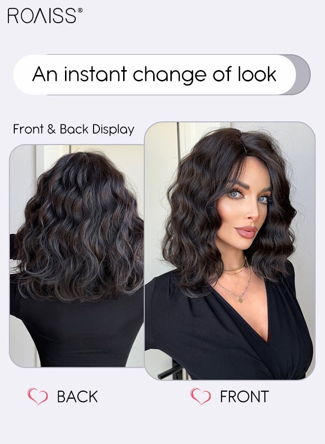 رويس باروكة شعر مستعار مموج بني أسود للنساء بطول 16 بوصة قصيرة عند الكتفين بجزء وسط مجعد ومموج، باروكة شعر مستعار طبيعية المظهر مصنوعة من ألياف صناعية مقاومة للحرارة للاستخدام اليومي في الحفلات - Image 3