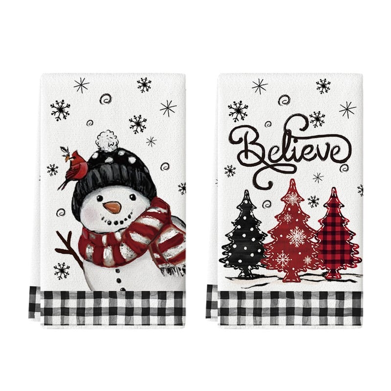 Artoid Mode Black Red Xmas Tree Snowman Christmas Kitchen Towels Dish Towels 18x26 Inch Holiday Bird Believe Winter Decoration Hand Towels Set of 2