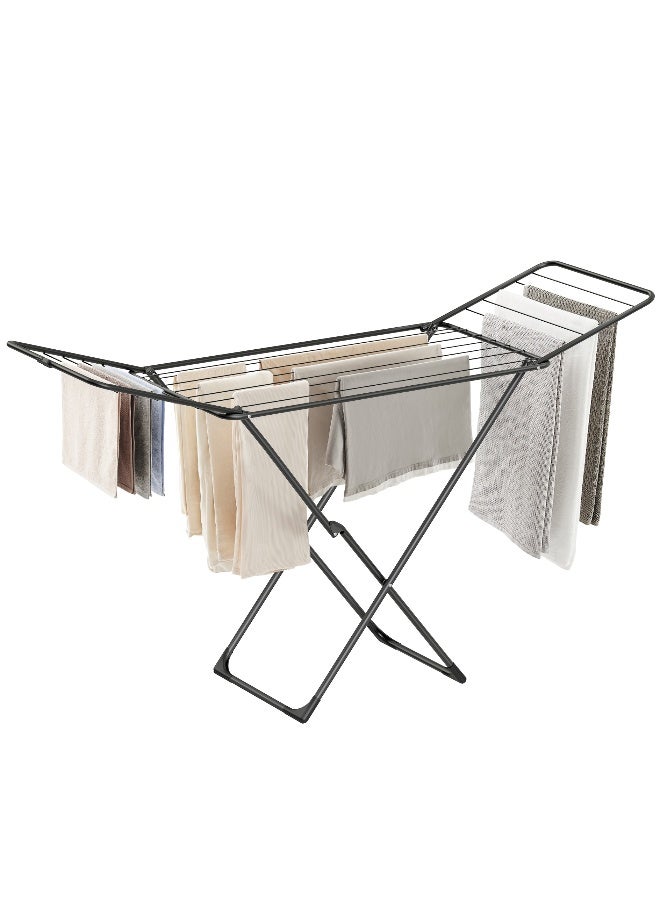 SONGMICS حامل الملابس SONGMICS، رف تجفيف الملابس القابل للطي، حصان الملابس بأجنحة جال، رف غسيل قائم بذاته، للاستخدام الداخلي والخارجي، ملابس السرير، أسود - Image 1
