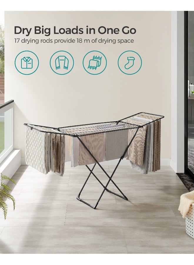 SONGMICS حامل الملابس SONGMICS، رف تجفيف الملابس القابل للطي، حصان الملابس بأجنحة جال، رف غسيل قائم بذاته، للاستخدام الداخلي والخارجي، ملابس السرير، أسود - Image 3