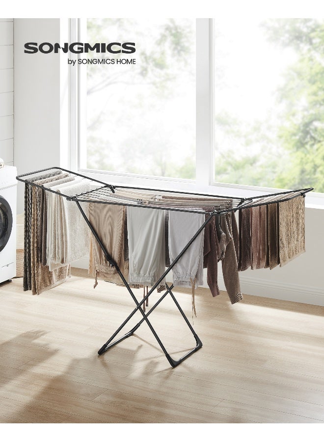 SONGMICS حامل الملابس SONGMICS، رف تجفيف الملابس القابل للطي، حصان الملابس بأجنحة جال، رف غسيل قائم بذاته، للاستخدام الداخلي والخارجي، ملابس السرير، أسود - Image 2