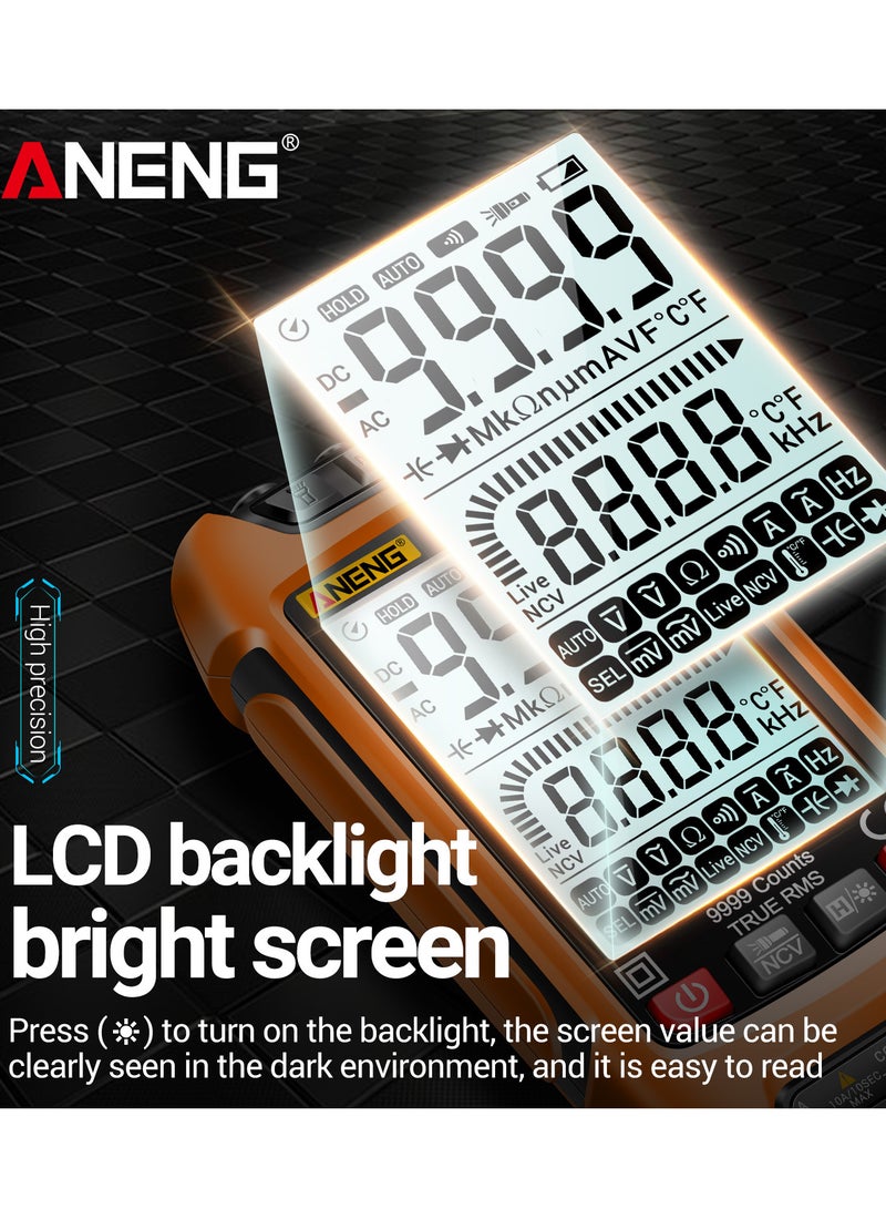 جهاز قياس رقمي ذكي متعدد الوظائف محمول بنطاق تلقائي يصل إلى 9999 قراءة، متكامل القياسات للجهد والتيار - برتقالي - Image 5