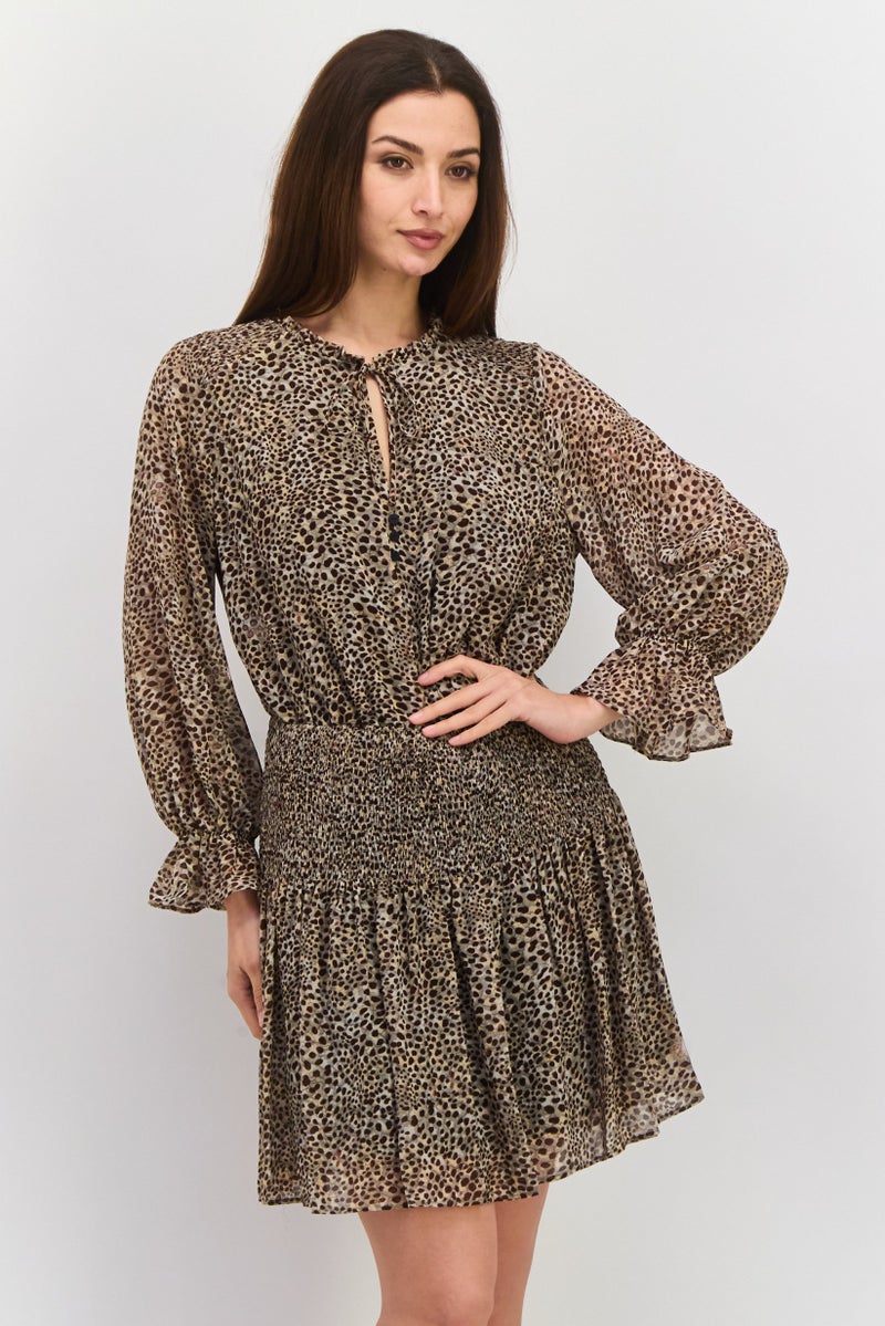 DEX Women Allover Print Mini Dress, Dark Brown - Image 1