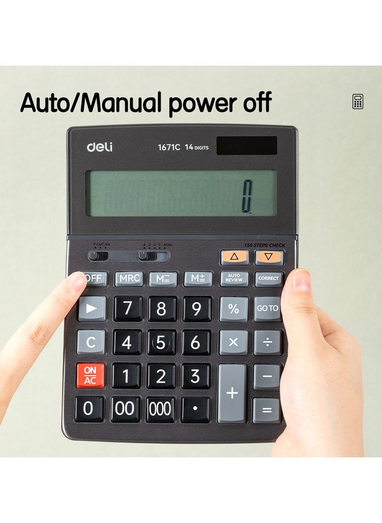Deli DELI E1671C Solar/Battery Dual Power 14-Digit Desktop Calculator – Compact Metal Body with Large LCD Display, Ideal for Office, School, and Financial Use – Dark Grey, 1PCS/Color Box  - Image 3