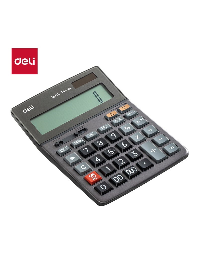 Deli DELI E1671C Solar/Battery Dual Power 14-Digit Desktop Calculator – Compact Metal Body with Large LCD Display, Ideal for Office, School, and Financial Use – Dark Grey, 1PCS/Color Box  - Image 1