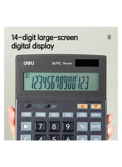 Deli DELI E1671C Solar/Battery Dual Power 14-Digit Desktop Calculator – Compact Metal Body with Large LCD Display, Ideal for Office, School, and Financial Use – Dark Grey, 1PCS/Color Box  - Image 4