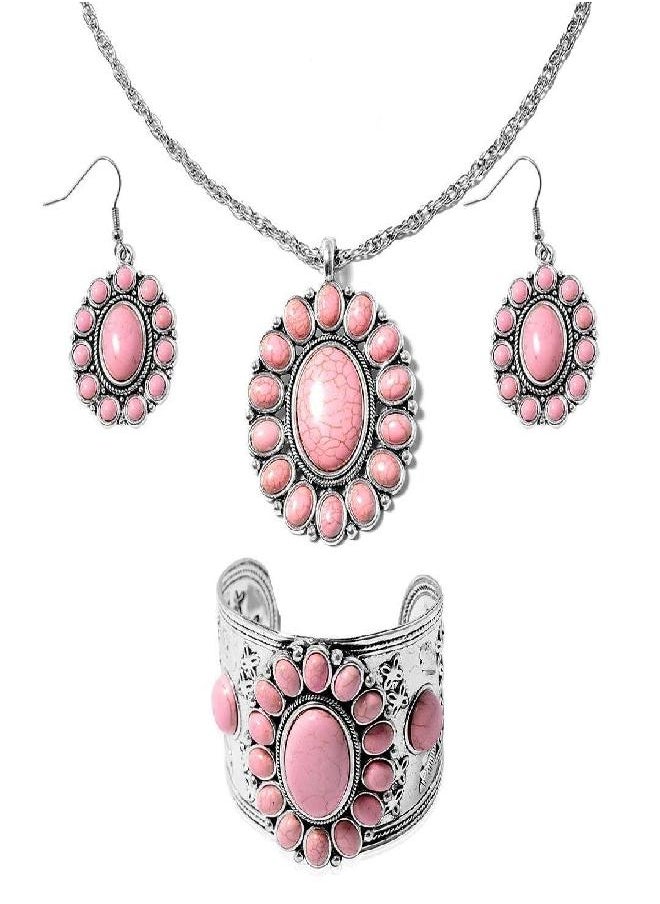 Shop LC Delivering Joy - Howlite Jewelry Set - Pink, Yellow, Blue, Green & White Western Jewelry for Women - Turquoise Inspired Necklace, Earrings & Cuff Bracelet Set - Southwestern Chunky Statement Necklace in Stainless - Image 1