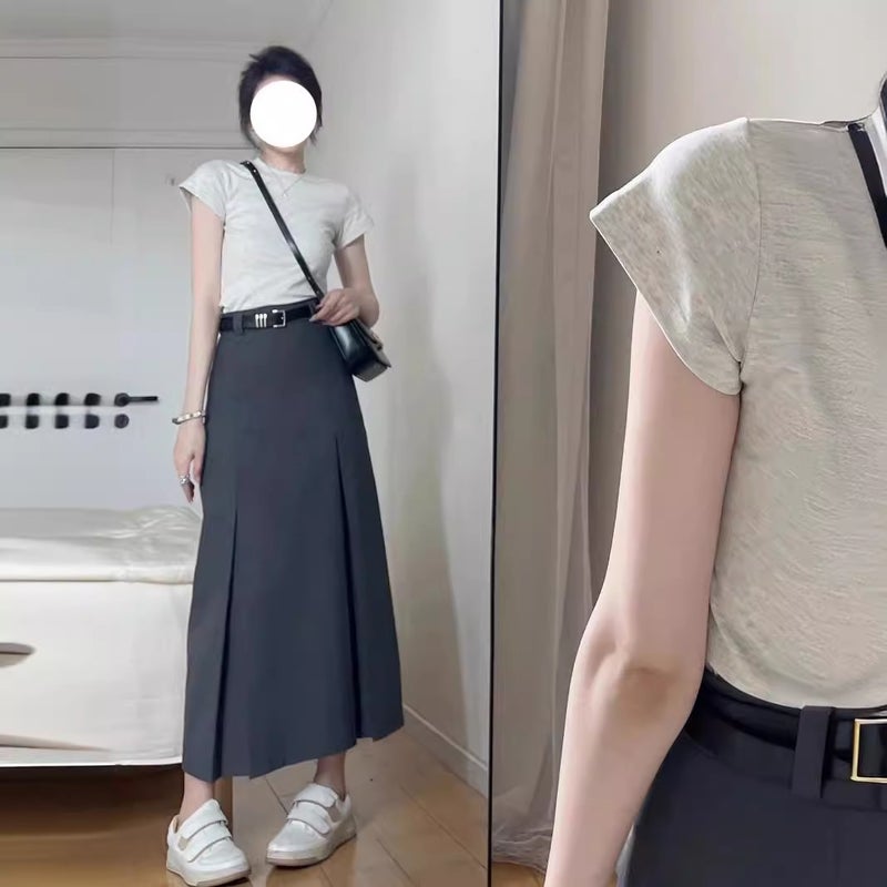 Academy Style Grey Pleated Skirt For Suit Plus Size Chubby Girl High Waist Hip Covering Slim Look Elegant All-Match A- Line Long Skirt - Image 2
