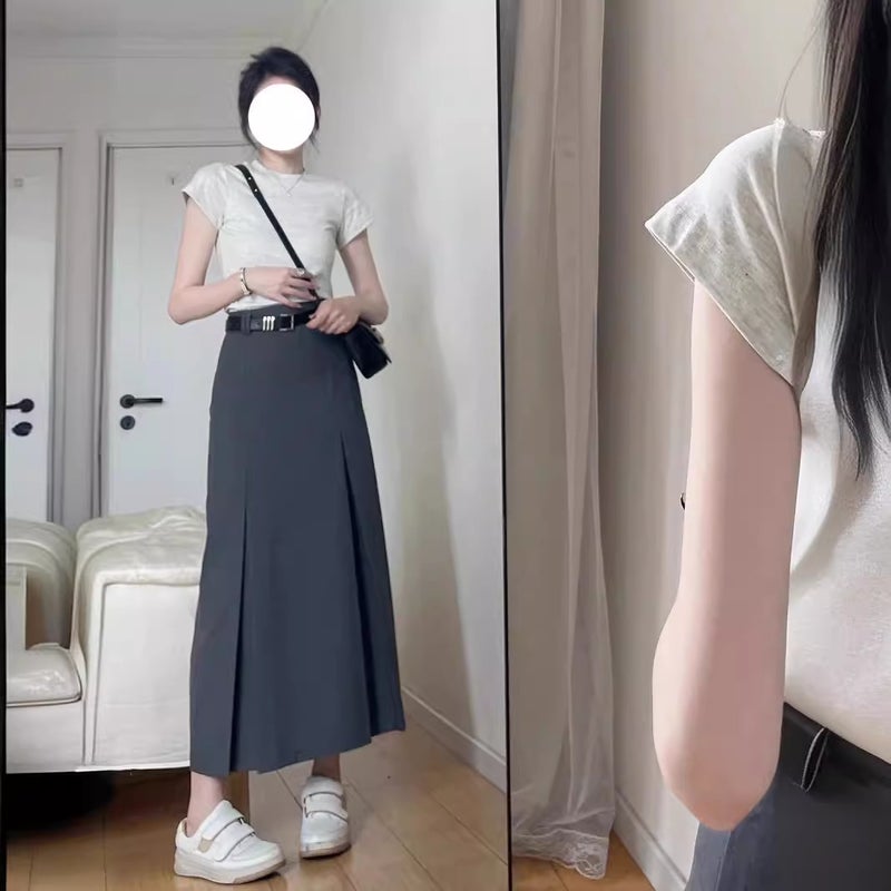 Academy Style Grey Pleated Skirt For Suit Plus Size Chubby Girl High Waist Hip Covering Slim Look Elegant All-Match A- Line Long Skirt - Image 4