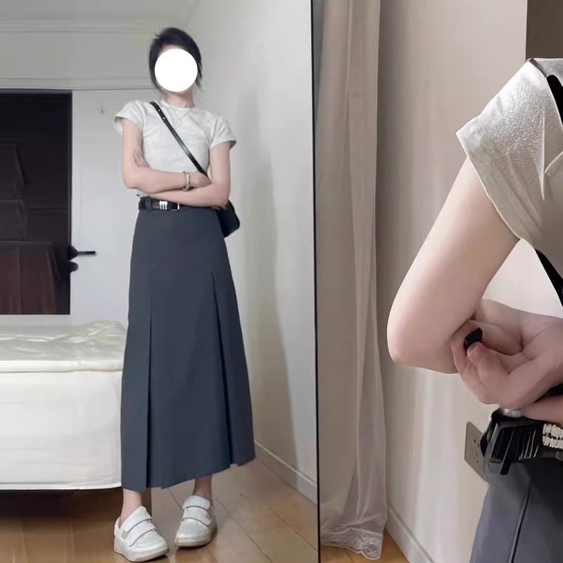 Academy Style Grey Pleated Skirt For Suit Plus Size Chubby Girl High Waist Hip Covering Slim Look Elegant All-Match A- Line Long Skirt - Image 5