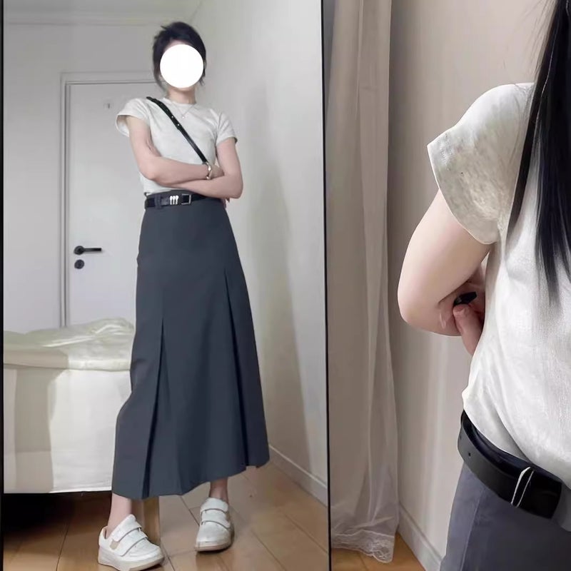 Academy Style Grey Pleated Skirt For Suit Plus Size Chubby Girl High Waist Hip Covering Slim Look Elegant All-Match A- Line Long Skirt - Image 3