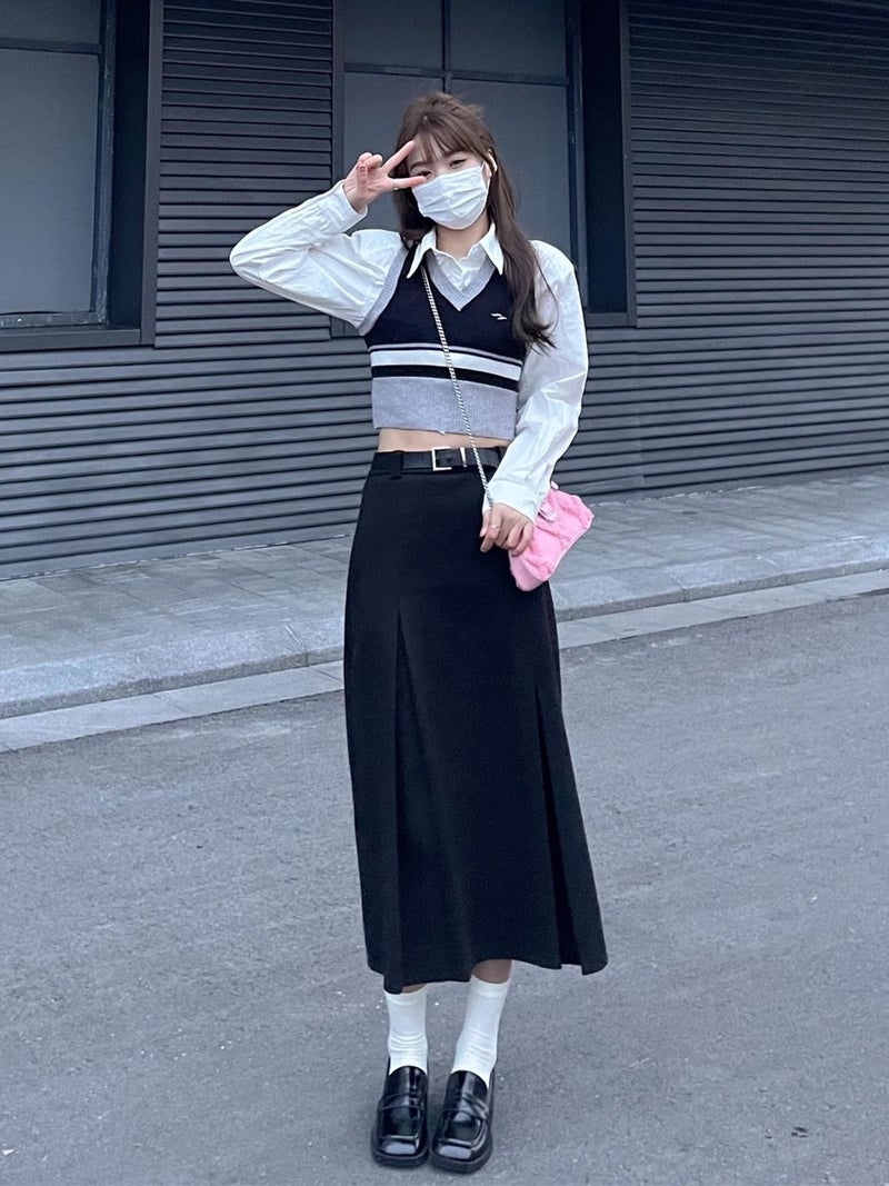 Academy Style Grey Pleated Skirt For Suit Plus Size Chubby Girl High Waist Hip Covering Slim Look Elegant All-Match A- Line Long Skirt - Image 1