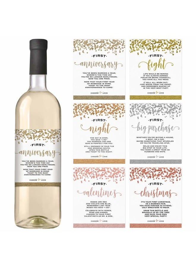 Printed Party Wedding First Wine Bottle Labels | Set of 6 Waterproof Labels | Wedding Gift Set and Wedding Milestones - Image 1