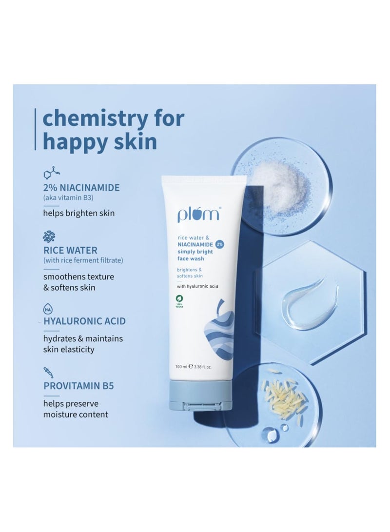 Plum Simply Bright 2% Niacinamide Face Wash with Rice Water | Brightens, Softens & Smoothens Skin | for Oily, Acne Prone, Dry, Normal, Sensitive Skin | Gentle & Non-Drying - 100ml - Image 3