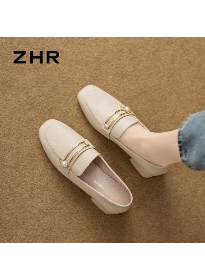 Zhr Women's Retro Square Toe Pearl Buckle Loafers Women's Chunky Heel Height Increasing Two-way Wearing Slimming Women's Shoes K170 Beige Size 38 - Image 3