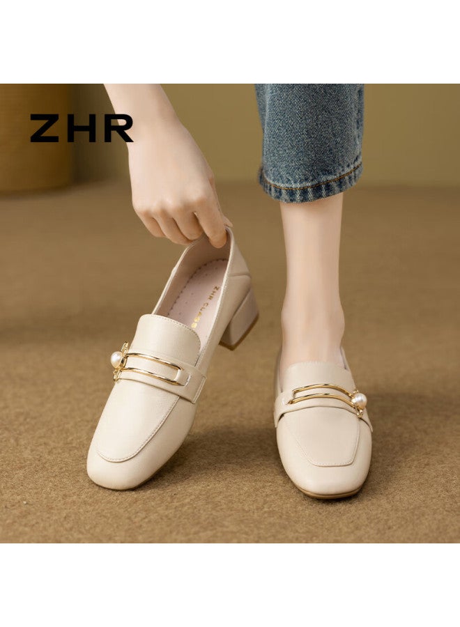 Zhr Women's Retro Square Toe Pearl Buckle Loafers Women's Chunky Heel Height Increasing Two-way Wearing Slimming Women's Shoes K170 Beige Size 38 - Image 1