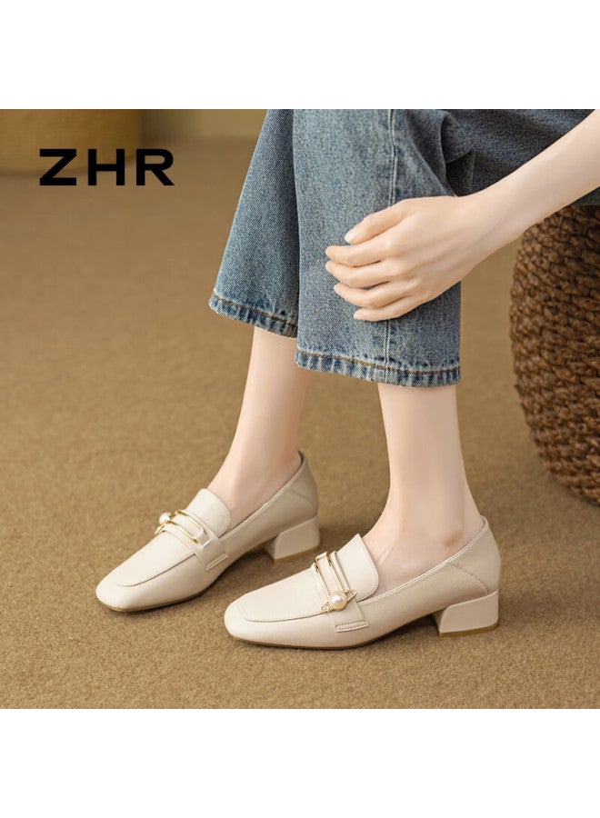 Zhr Women's Retro Square Toe Pearl Buckle Loafers Women's Chunky Heel Height Increasing Two-way Wearing Slimming Women's Shoes K170 Beige Size 38 - Image 5