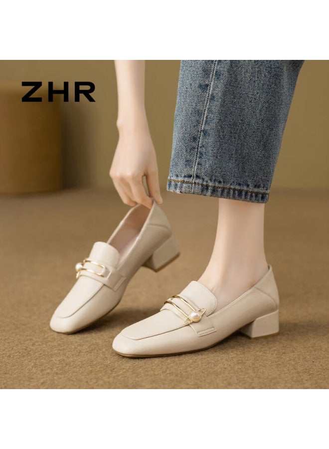 Zhr Women's Retro Square Toe Pearl Buckle Loafers Women's Chunky Heel Height Increasing Two-way Wearing Slimming Women's Shoes K170 Beige Size 38 - Image 2