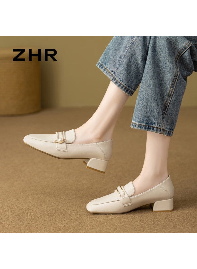 Zhr Women's Retro Square Toe Pearl Buckle Loafers Women's Chunky Heel Height Increasing Two-way Wearing Slimming Women's Shoes K170 Beige Size 38 - Image 4