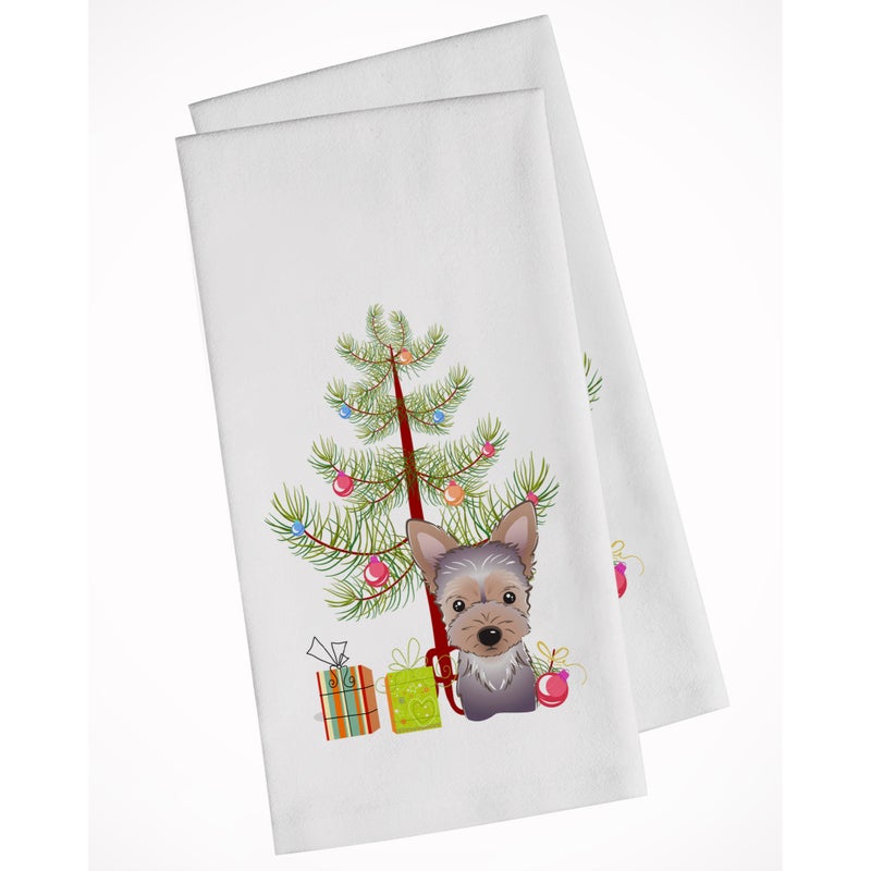 Caroline's Treasures Christmas Tree and Yorkie Puppy White Kitchen Towel Set of 2