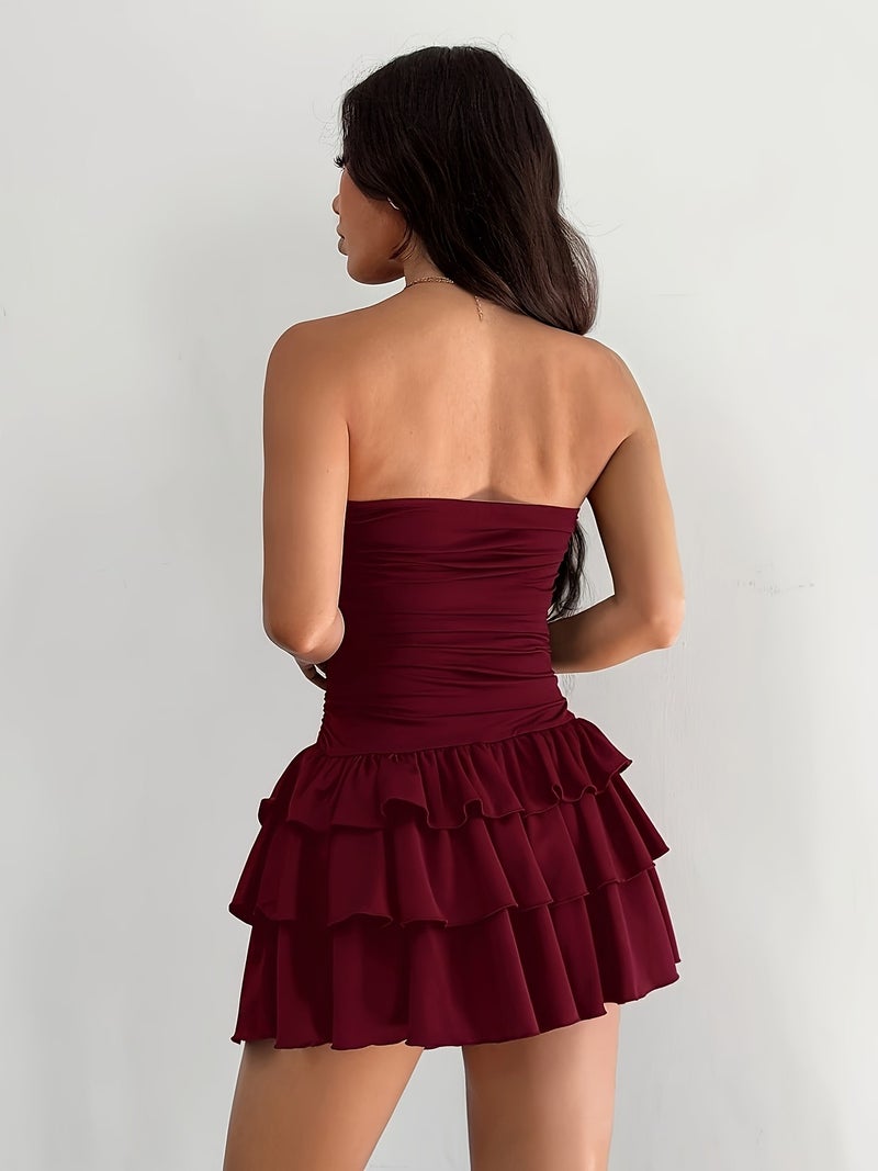 Strapless A-Line Mini Dress with Ruffle Hem, Versatile Everyday Ruffle Dress - Image 4
