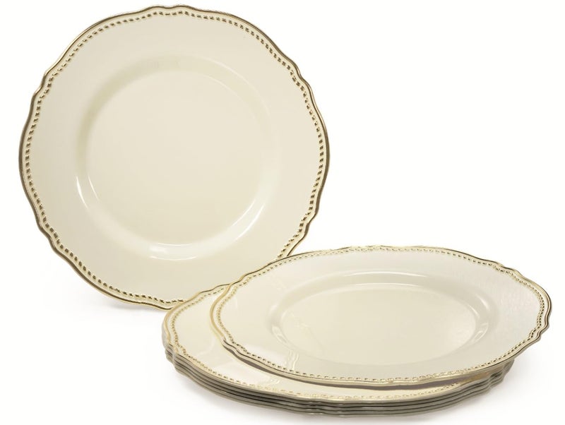 OCCASIONS FINEST PLASTIC TABLEWARE " OCCASIONS " 50 Plates Pack (25 Guests)-Heavyweight Wedding Party Disposable Plastic Plate Set -25 x 10.25'' Dinner + 25 x 7.5'' Salad/dessert plates (Rochelle Ivory and Gold) - Image 2