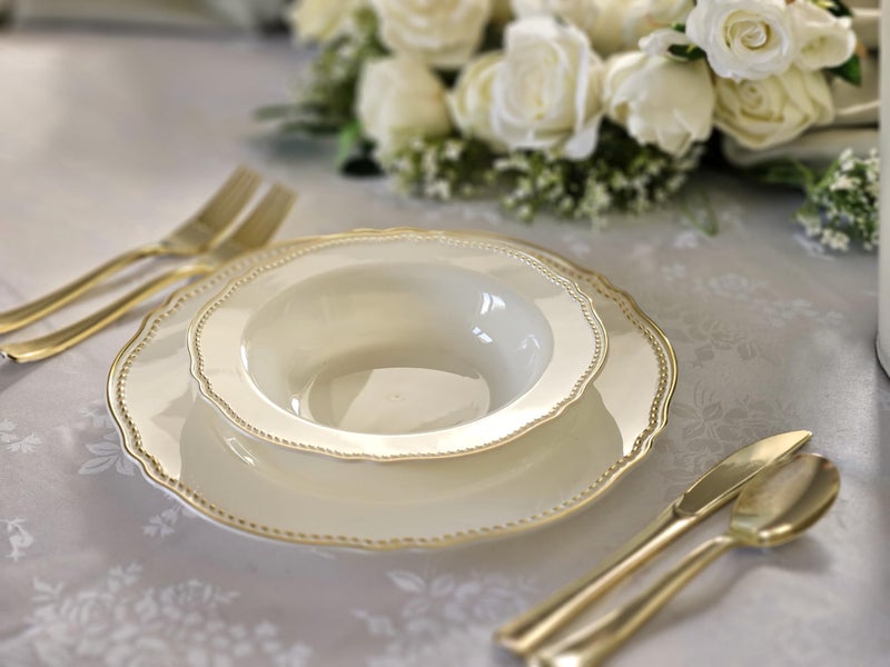 OCCASIONS FINEST PLASTIC TABLEWARE " OCCASIONS " 50 Plates Pack (25 Guests)-Heavyweight Wedding Party Disposable Plastic Plate Set -25 x 10.25'' Dinner + 25 x 7.5'' Salad/dessert plates (Rochelle Ivory and Gold) - Image 5