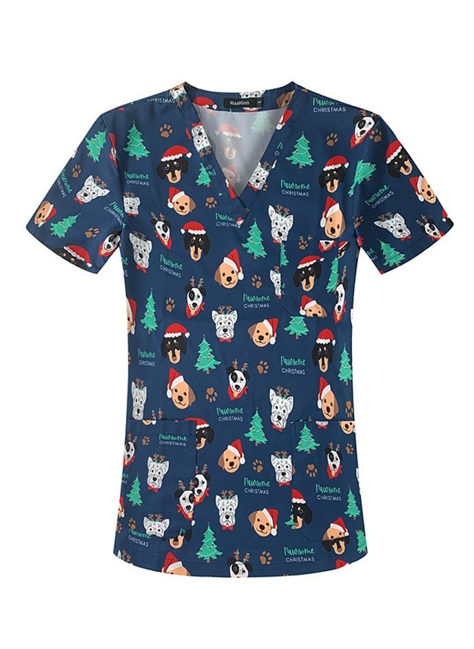 Loquat Unisex Printed V-Neck Medical Uniform Scrubs Top Comfty Soft Workwear 