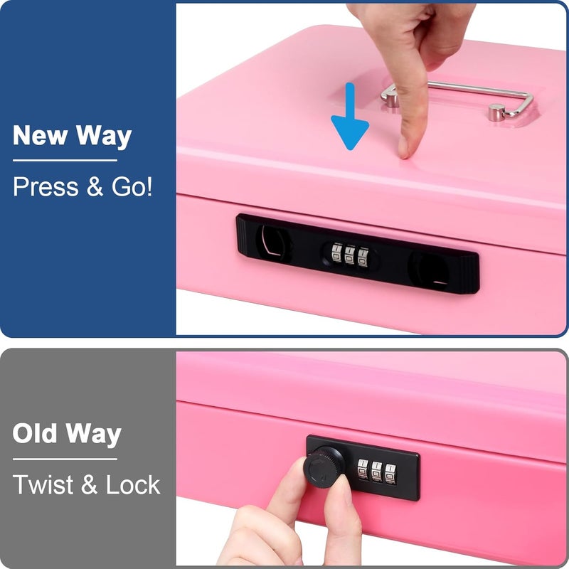 Jssmst Locking Cash Box with Money Tray and Coin Lid, 11.8L x 9.5W x 3.5H Inches, Cash Box with Combination Lock Safe Money Saving Organizer Box, Pink, XLarge - Image 3