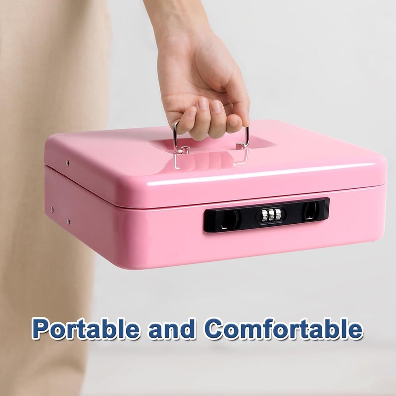 Jssmst Locking Cash Box with Money Tray and Coin Lid, 11.8L x 9.5W x 3.5H Inches, Cash Box with Combination Lock Safe Money Saving Organizer Box, Pink, XLarge - Image 5