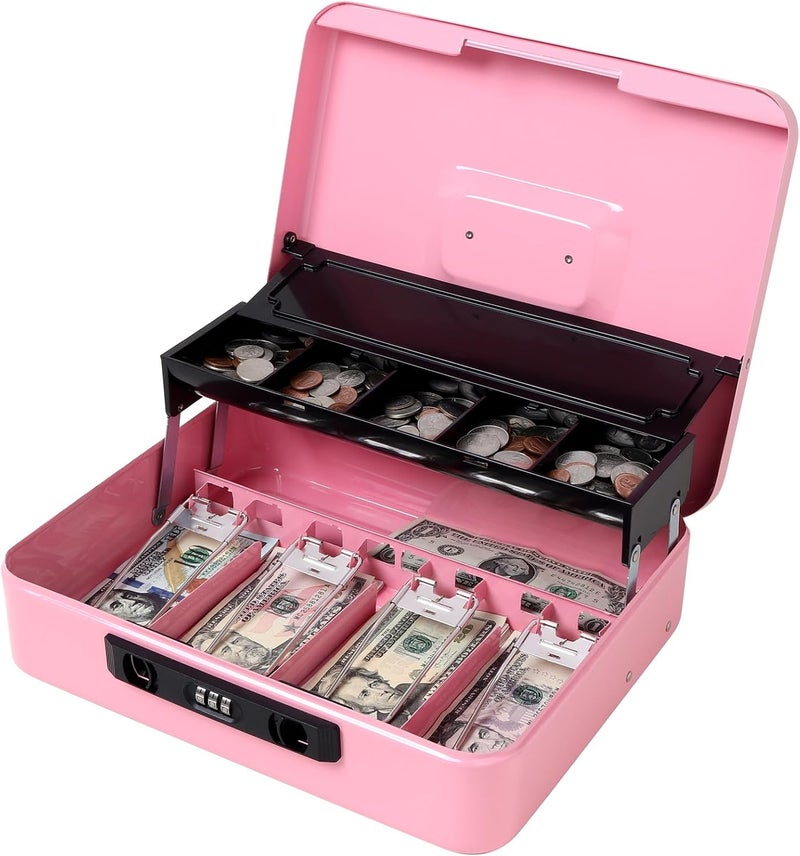 Jssmst Locking Cash Box with Money Tray and Coin Lid, 11.8L x 9.5W x 3.5H Inches, Cash Box with Combination Lock Safe Money Saving Organizer Box, Pink, XLarge - Image 1