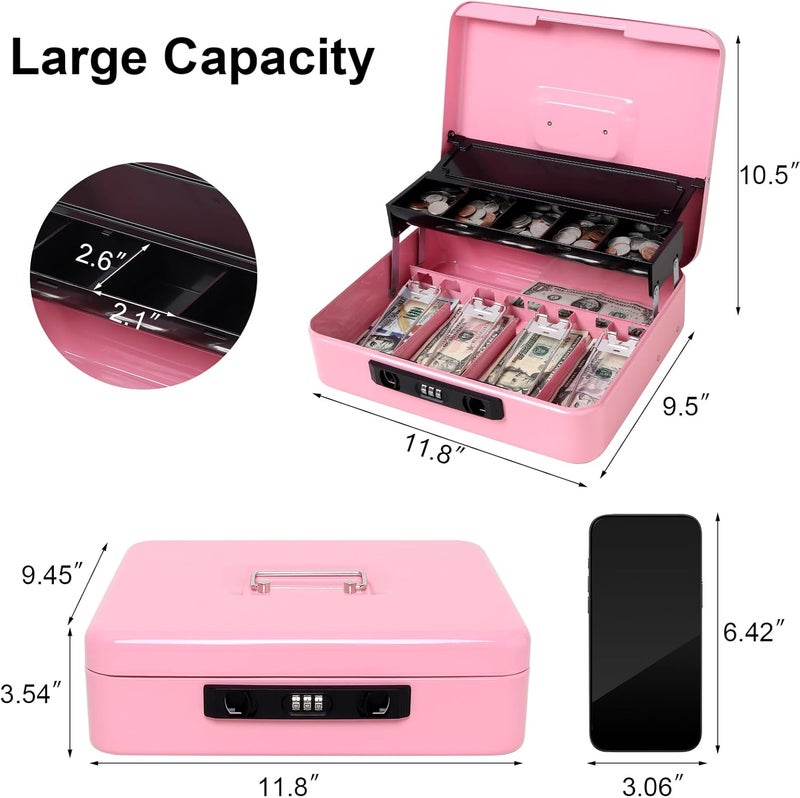 Jssmst Locking Cash Box with Money Tray and Coin Lid, 11.8L x 9.5W x 3.5H Inches, Cash Box with Combination Lock Safe Money Saving Organizer Box, Pink, XLarge - Image 2