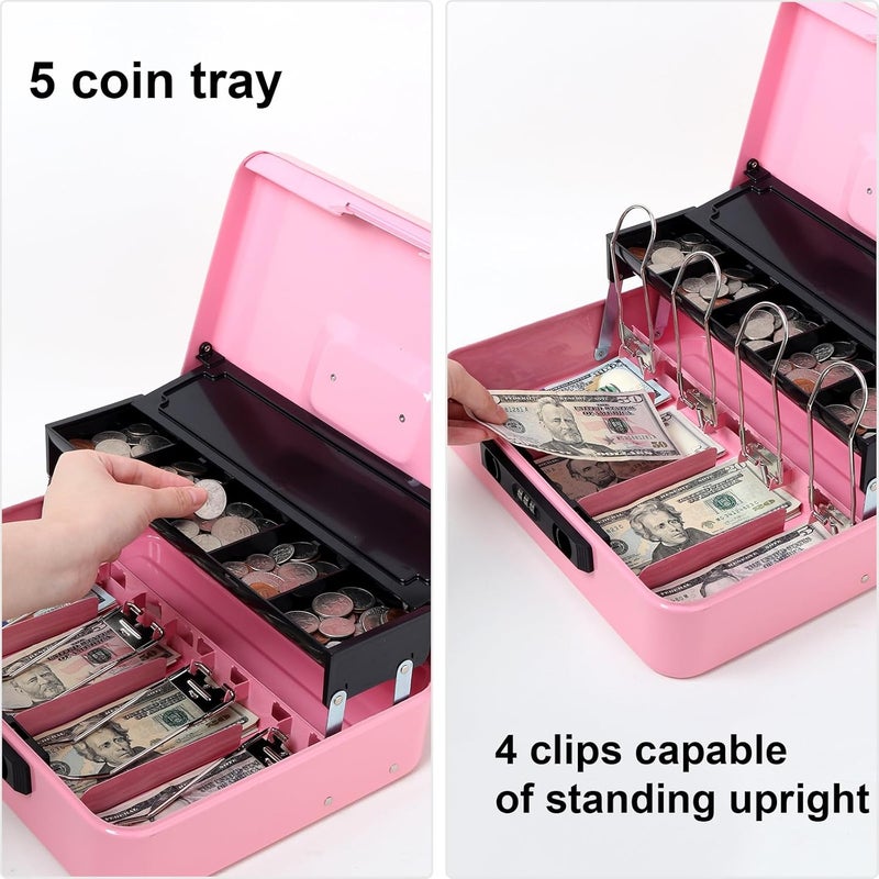 Jssmst Locking Cash Box with Money Tray and Coin Lid, 11.8L x 9.5W x 3.5H Inches, Cash Box with Combination Lock Safe Money Saving Organizer Box, Pink, XLarge - Image 4