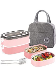 Arabest Stainless Steel Bento Box Adults Lunch Box, Leakproof Lunch Containers with 3 Compartments, 2 Layer Lunch Box for Kids/Adultstoddlers with Spoon and Fork, Bento Lunch Box with Lunch Bag, (Pink)  - Image 1