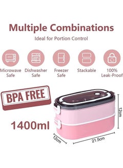 Arabest Stainless Steel Bento Box Adults Lunch Box, Leakproof Lunch Containers with 3 Compartments, 2 Layer Lunch Box for Kids/Adultstoddlers with Spoon and Fork, Bento Lunch Box with Lunch Bag, (Pink)  - Image 2